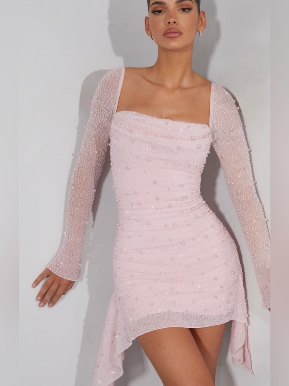 Blush Pink Pearl Beaded Mesh Mini Dress | Off Shoulder | Fairycore | Romantic |